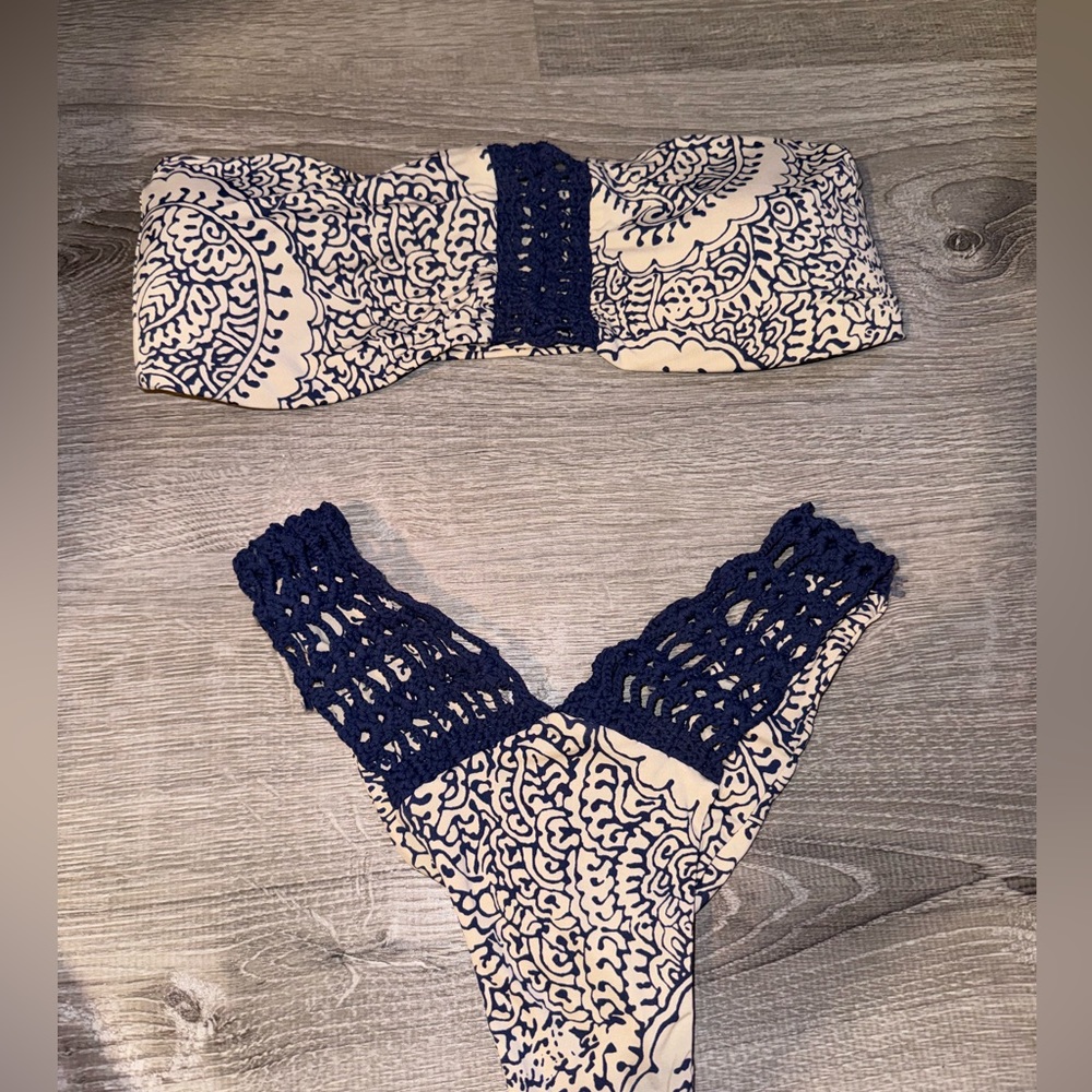San Lorenzo Navy and Cream Bikini Set With Crochet Detailing